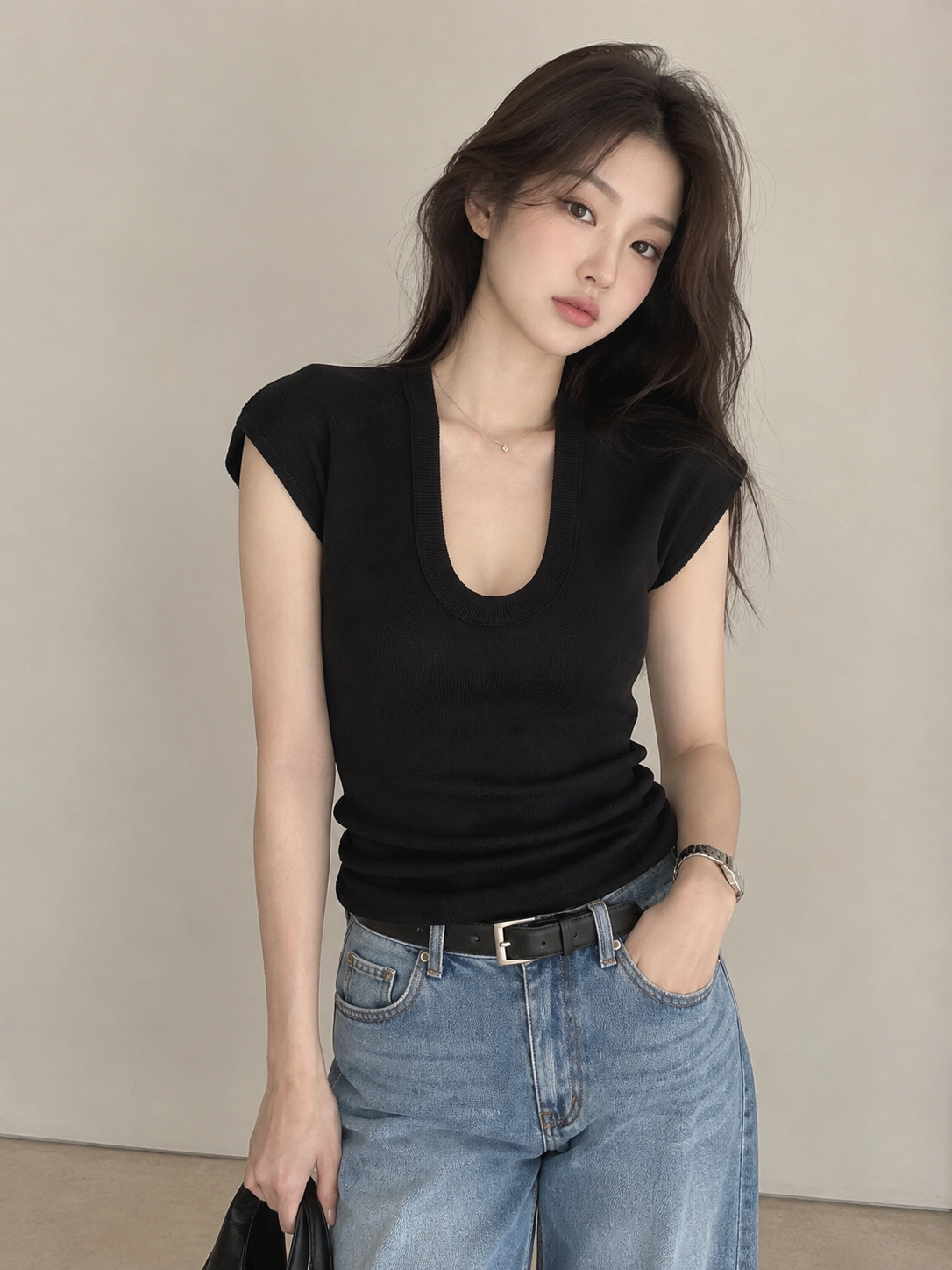 Minimalist Deep U-Neck Knit Top