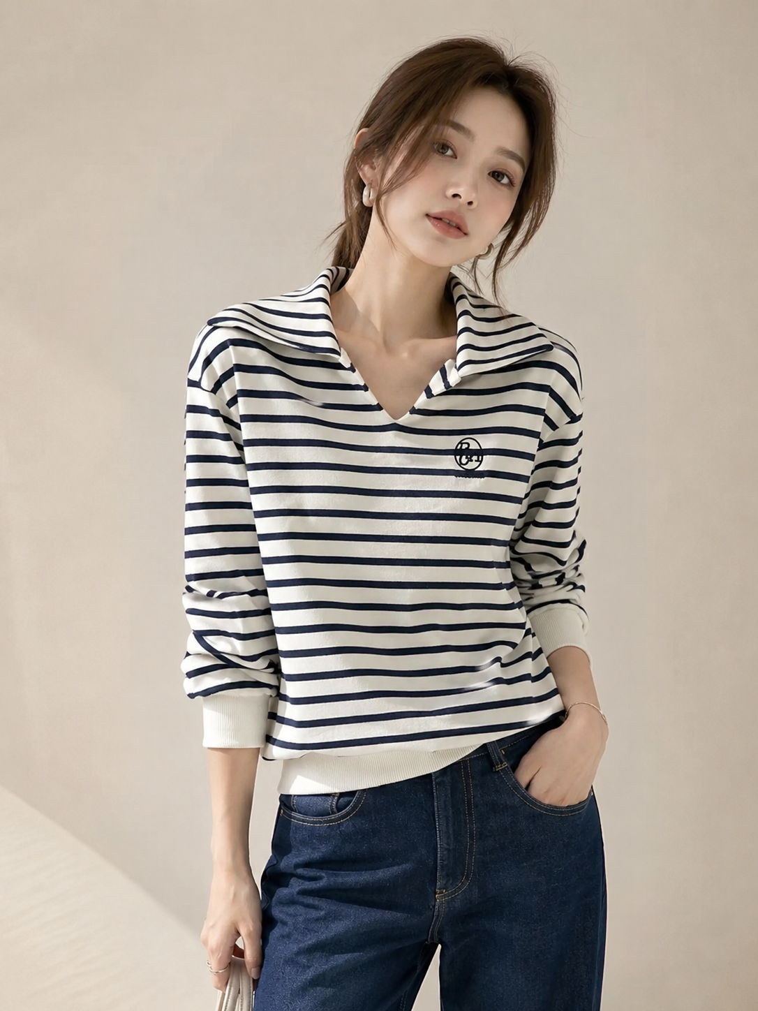 Cotton Korean-Style Striped Polo Top