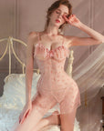 Sweet Allure Sheer Velvet Strap Nightdress Set with Thong