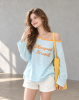 Korean-style blue and white striped off-shoulder sun-protection top