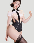 Open-Bust Secretary Style One-Piece Lingerie (with Stockings or Fishnets)