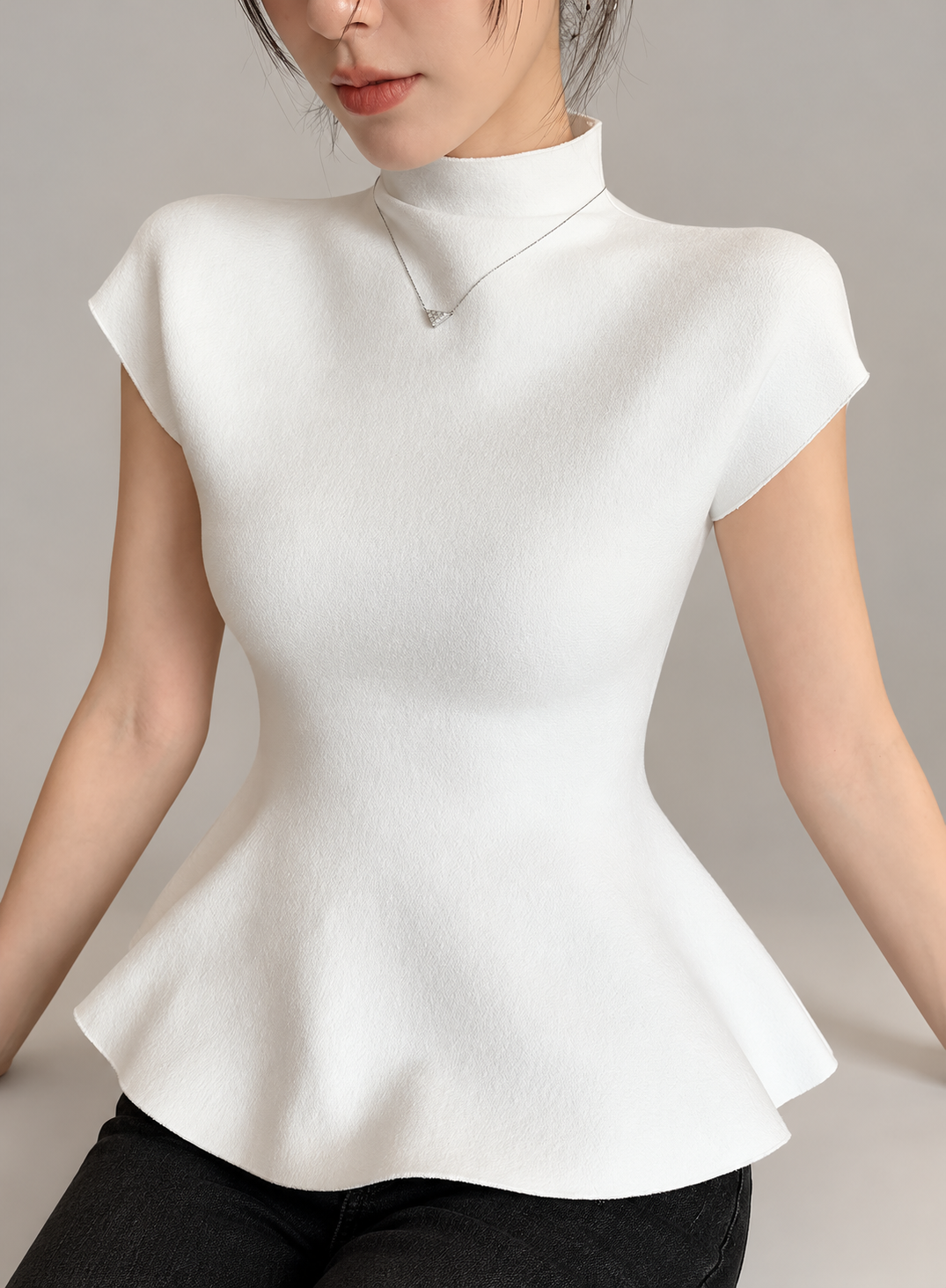 Jennie-inspired French semi-high neck ruffle hem knit top
