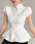 Jennie-inspired French semi-high neck ruffle hem knit top