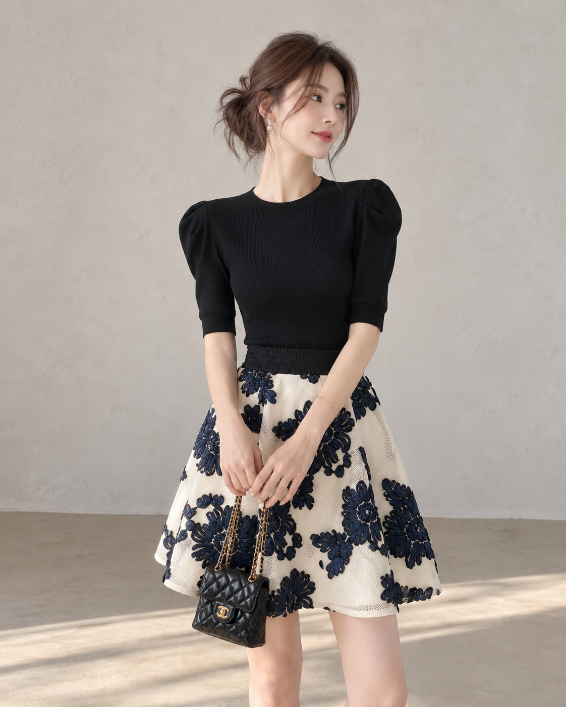 Korean-Style Vintage Blue &amp;amp; White Embroidered Skirt and Knit Top Set