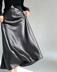 Glazed acetate satin midi skirt（charcoal grey）