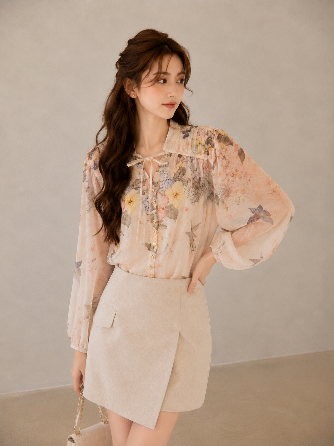 Floral Drawstring Balloon Sleeve Blouse (Includes Bandeau Top)