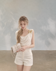 Asymmetrical Draped Neckline Top with Bow Brooch