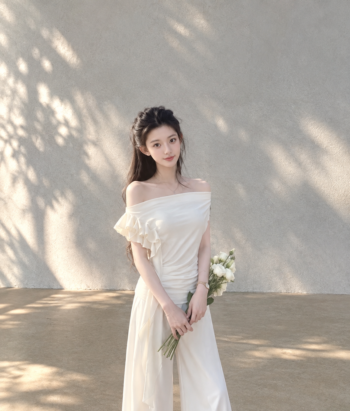 Asymmetric off-shoulder ruffle-drape top