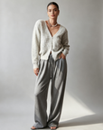 French-Style Sequin V-Neck Gray Knit Cardigan