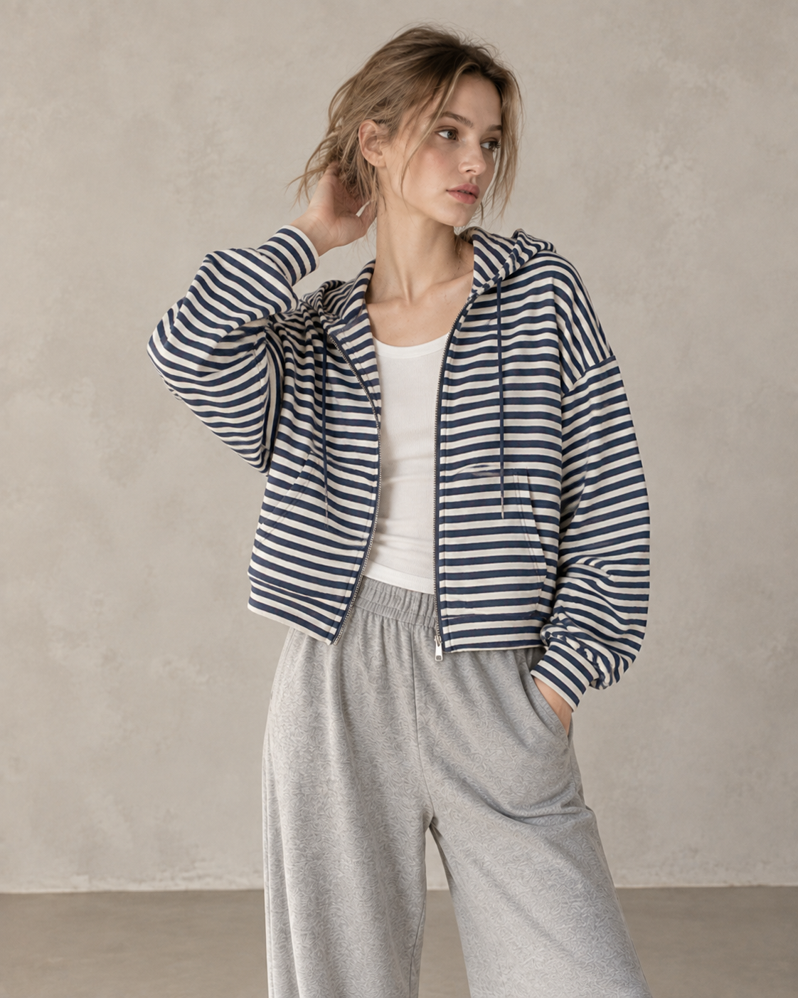 Korean-Inspired Blue Striped Hooded Zip-Up