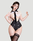Open-Bust Secretary Style One-Piece Lingerie (with Stockings or Fishnets)