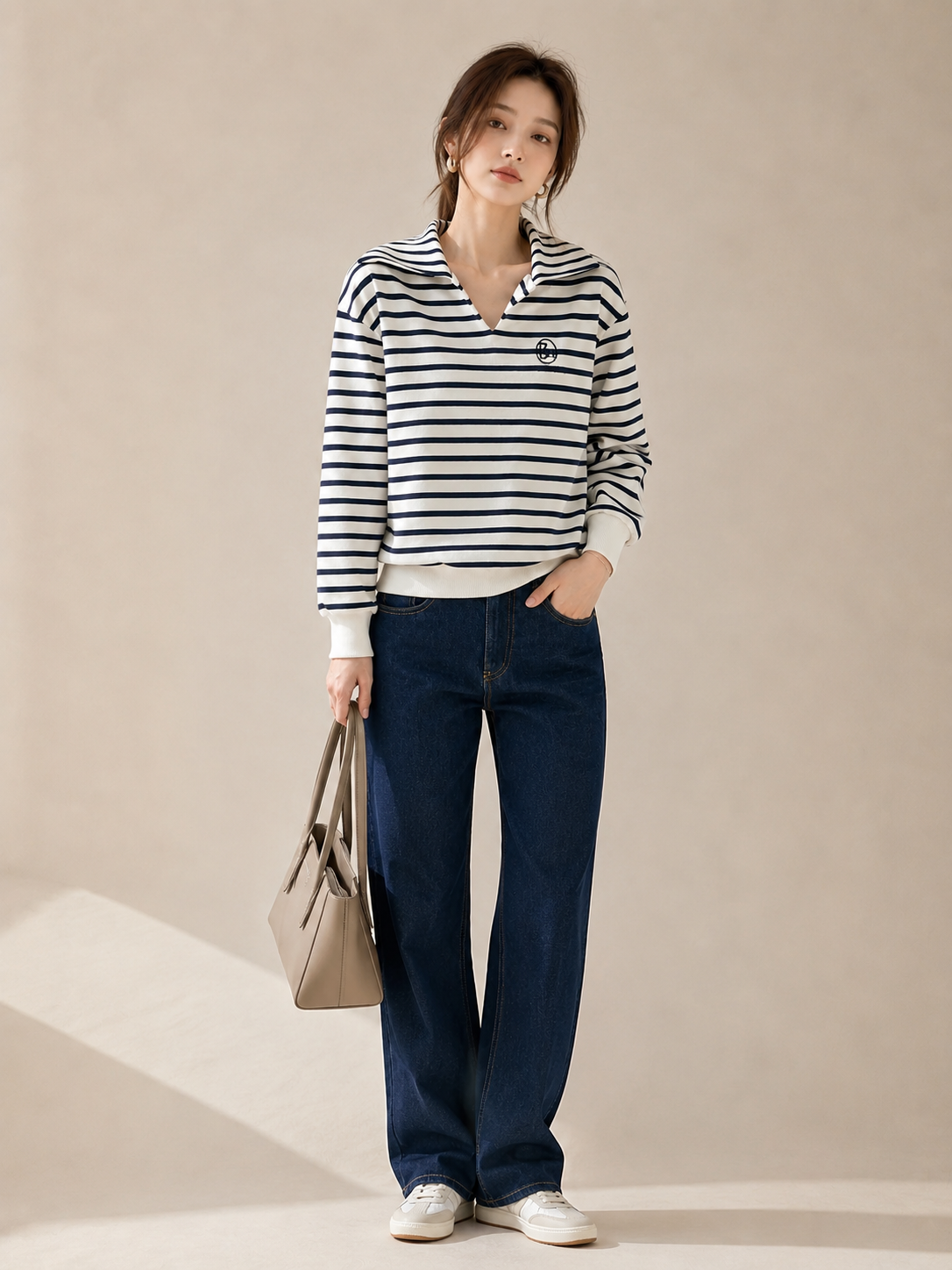 Cotton Korean-Style Striped Polo Top