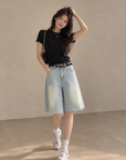 Light-Wash Wide-Leg Denim Bermuda Shorts