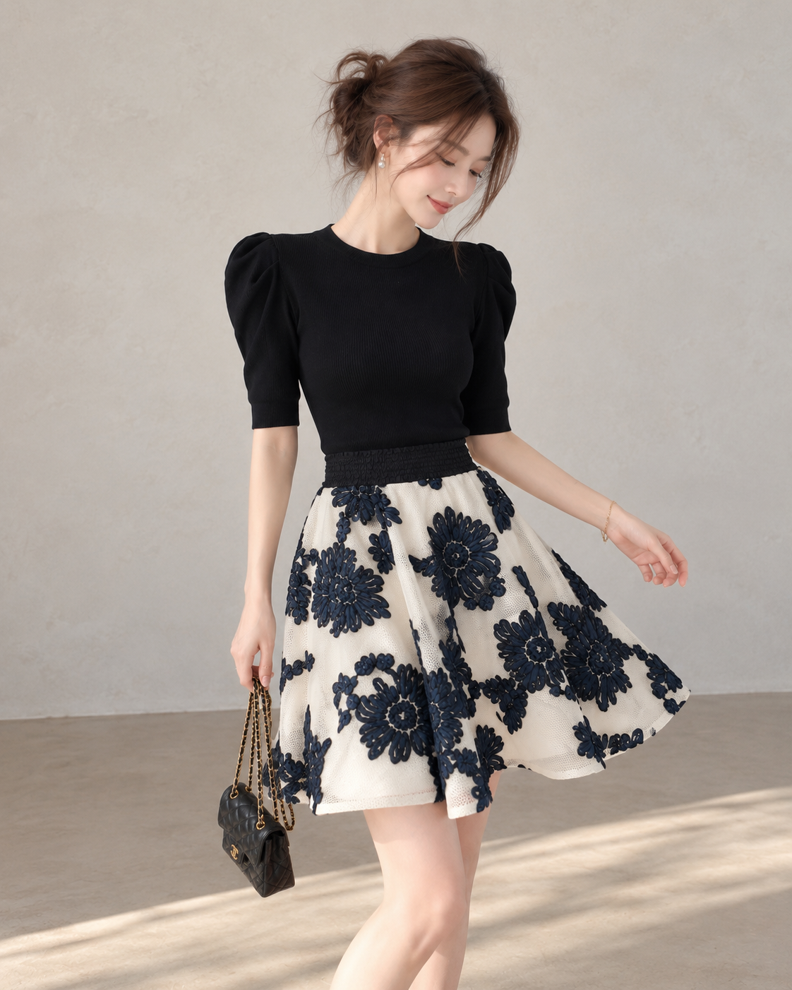 Korean-Style Vintage Blue &amp;amp; White Embroidered Skirt and Knit Top Set