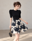 Korean-Style Vintage Blue &amp; White Embroidered Skirt and Knit Top Set