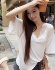 Straight-Shoulder Lace Faux Two-Piece Loose TEE