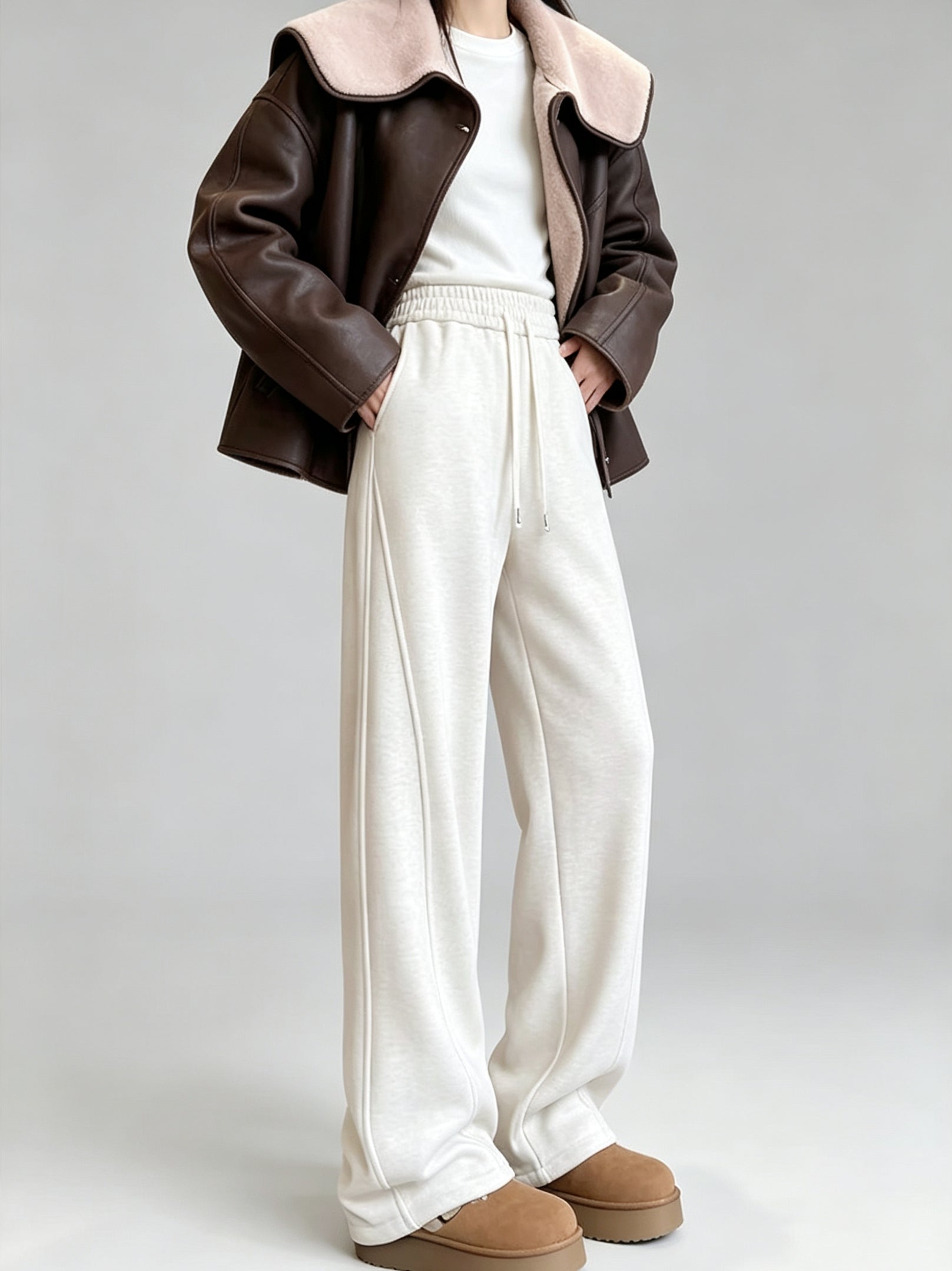 Acetate Wool-Protein Fleece Curved-Leg Pants