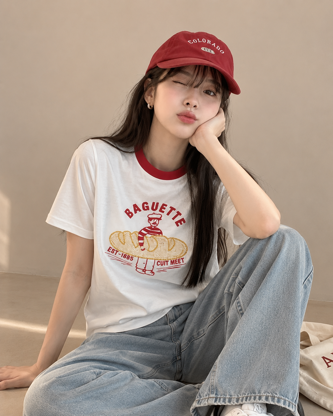Korean-Style 3D Bread Embroidery Cotton Tee