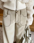 Vintage Suede Embroidered Contrast Stitch Wide-Leg Pants