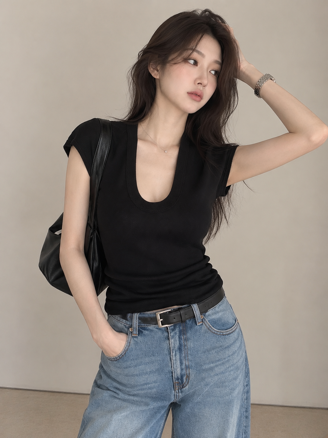 Minimalist Deep U-Neck Knit Top