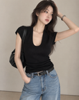 Minimalist Deep U-Neck Knit Top