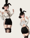 Deep V-Neck Tie-Front Bodycon Sexy Secretary Set with Stockings
