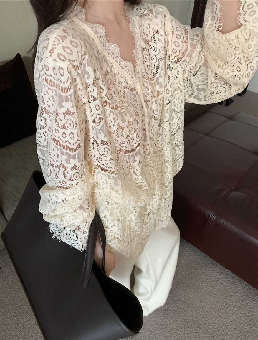 Embroidered Lace Hollow-Out Flare Sleeve Sunscreen Top