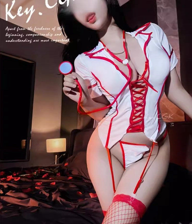 Sexy Nurse Multi-Piece Set (With Red Mesh Socks)