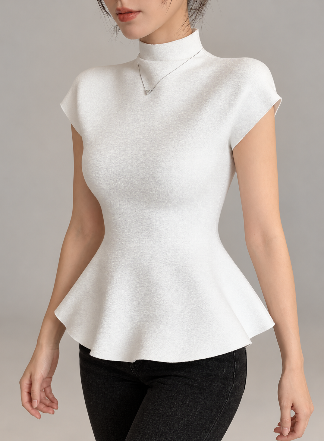 Jennie-inspired French semi-high neck ruffle hem knit top
