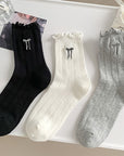 Korean-Style Lace Bow Embroidered Mid-Calf Socks for Summer (3-Pack)