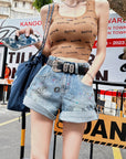 Graffiti Cuffed Denim Shorts (Belt Not Included)