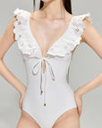 White Embroidered Deep V One-Piece Swimsuit