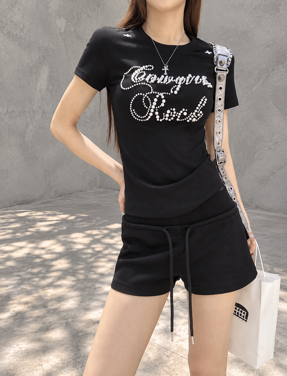 Black Structured Shoulder Beaded Cotton Tee