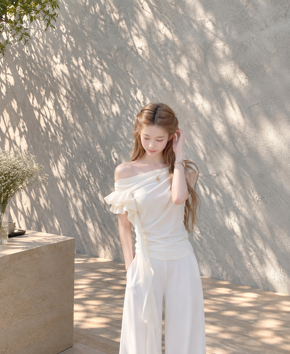 Asymmetric off-shoulder ruffle-drape top