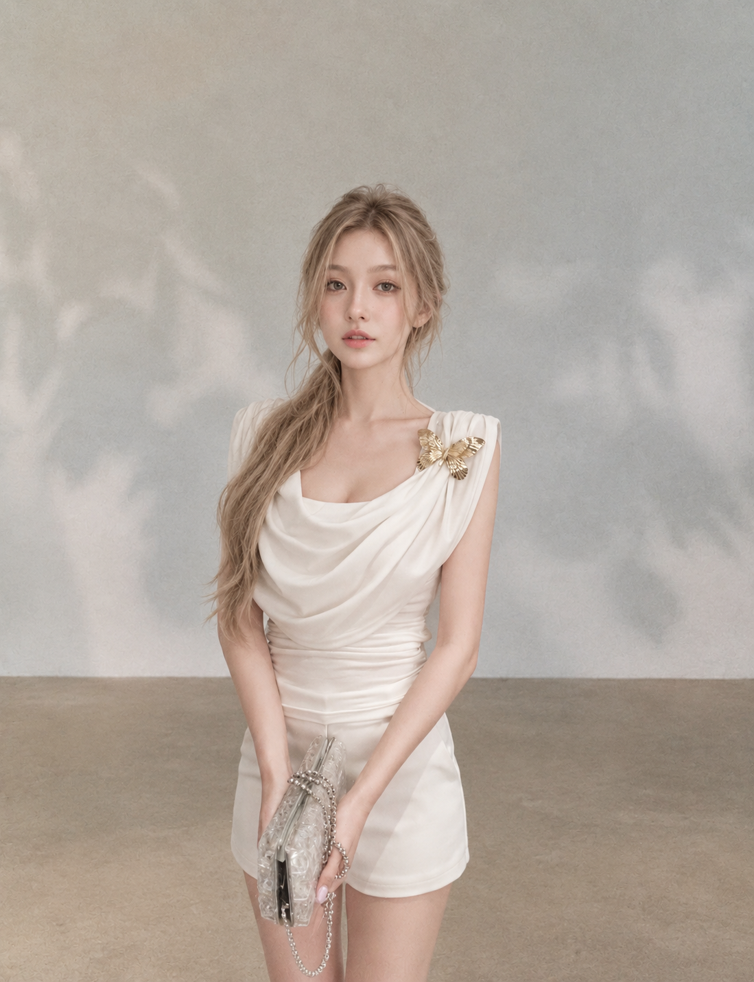 Asymmetrical Draped Neckline Top with Bow Brooch