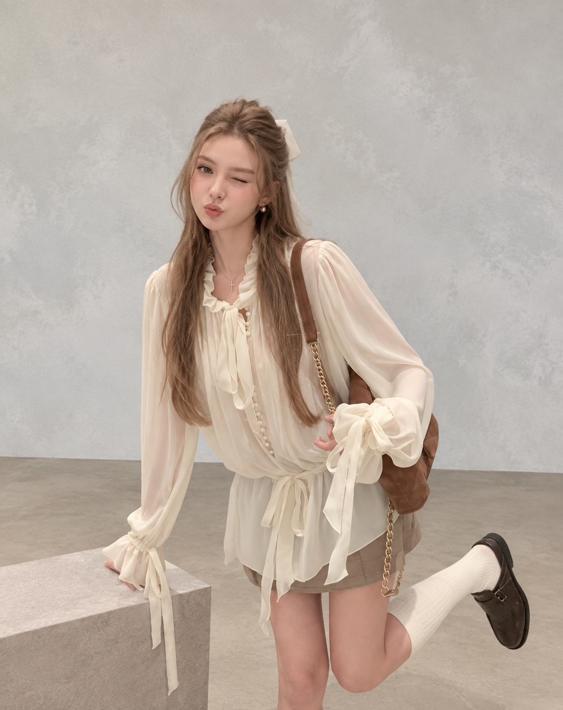 White Moonlight Ribbon Chiffon V-Neck Blouse