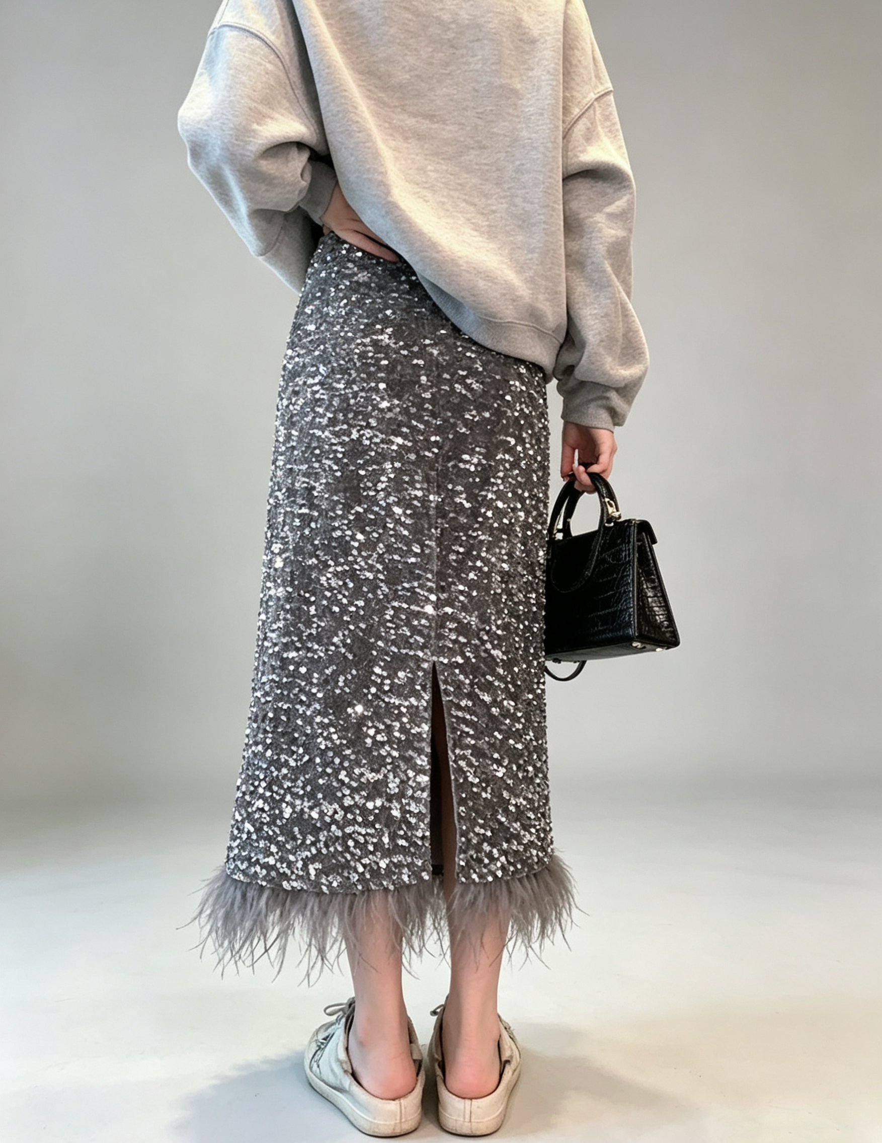 Sequin Skirt with Ostrich-Feather Trim