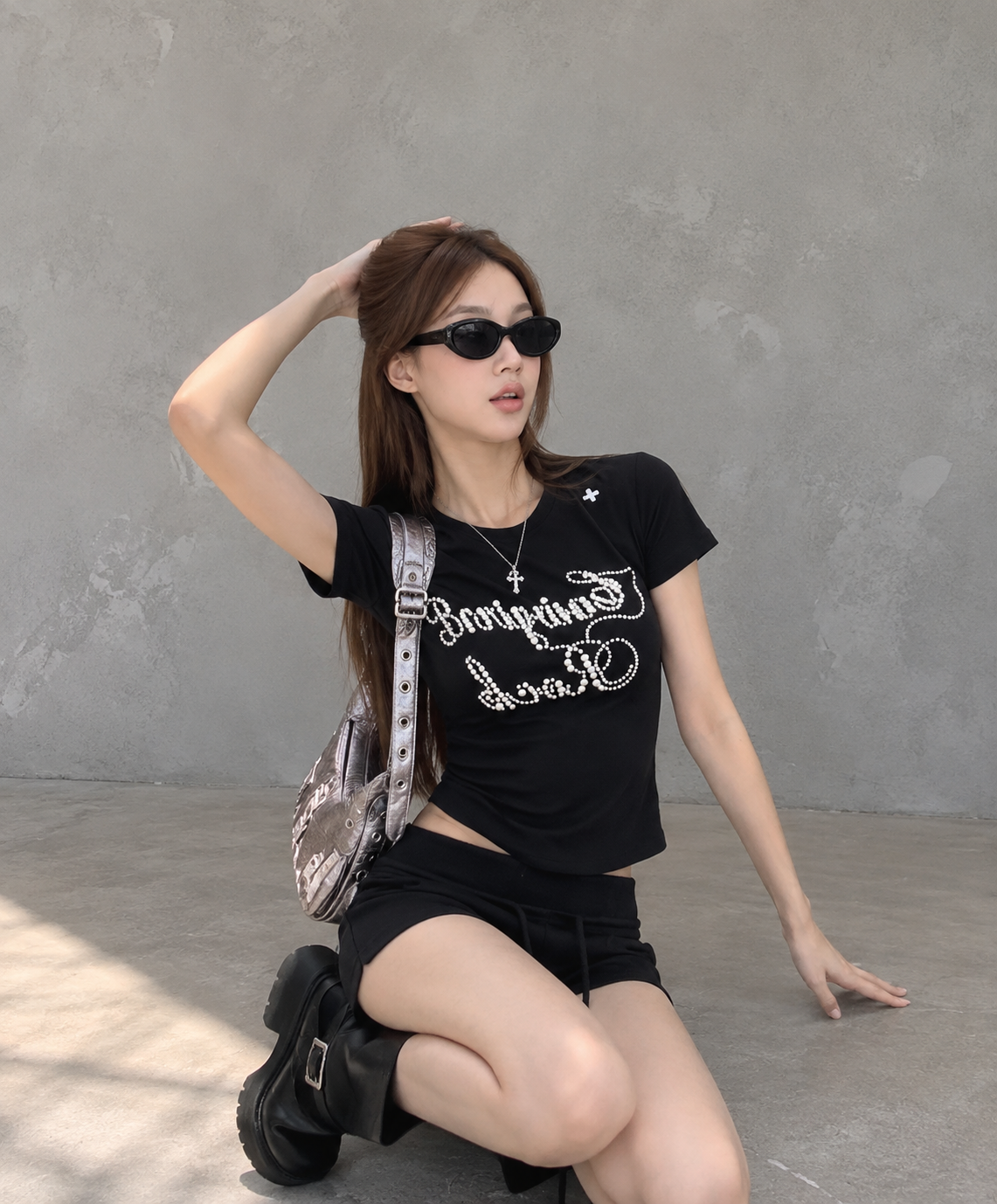 Black Structured Shoulder Beaded Cotton Tee