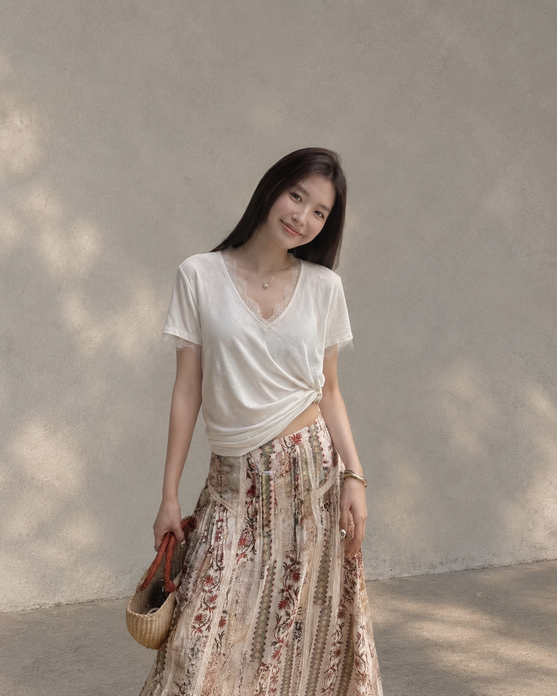 Lace Patchwork V-Neck Short Sleeve Tee