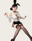 Deep V-Neck Tie-Front Bodycon Sexy Secretary Set with Stockings