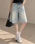 Light-Wash Wide-Leg Denim Bermuda Shorts