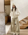 Vintage Suede Embroidered Contrast Stitch Wide-Leg Pants