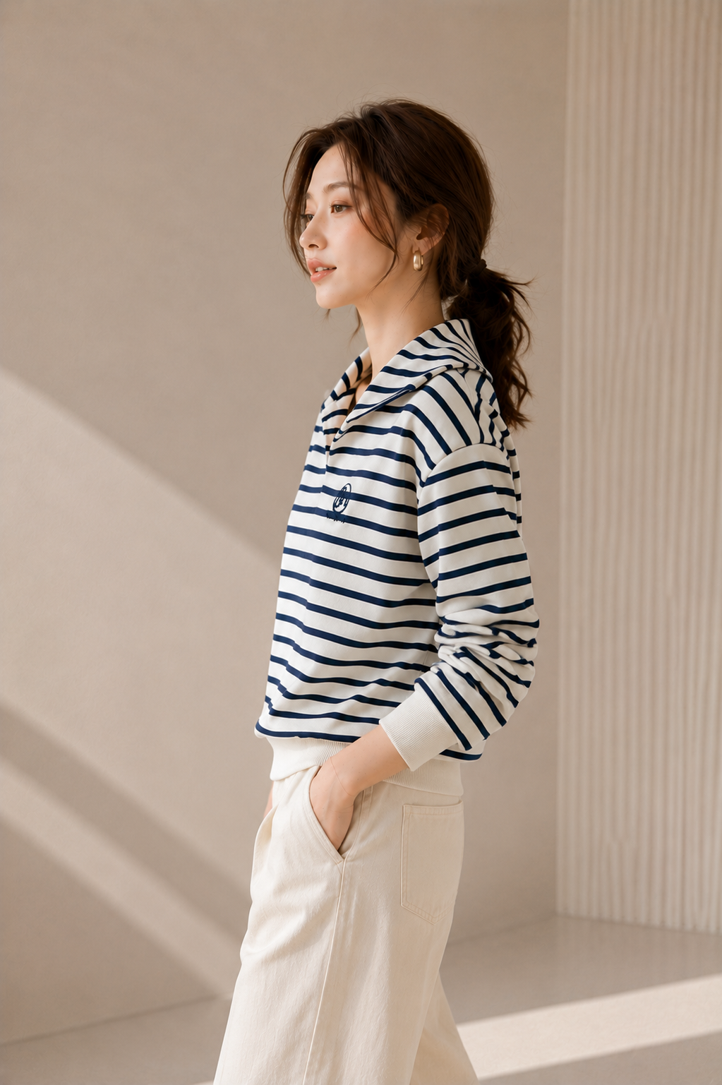 Cotton Korean-Style Striped Polo Top
