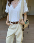 Lace Patchwork V-Neck Short Sleeve Tee