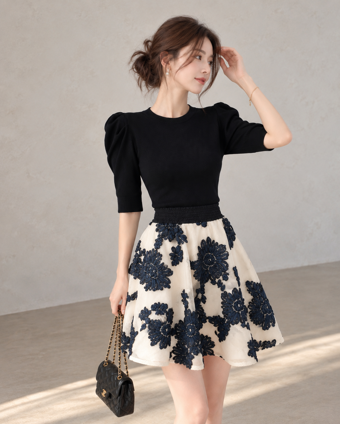 Korean-Style Vintage Blue &amp;amp; White Embroidered Skirt and Knit Top Set
