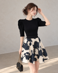 Korean-Style Vintage Blue &amp; White Embroidered Skirt and Knit Top Set