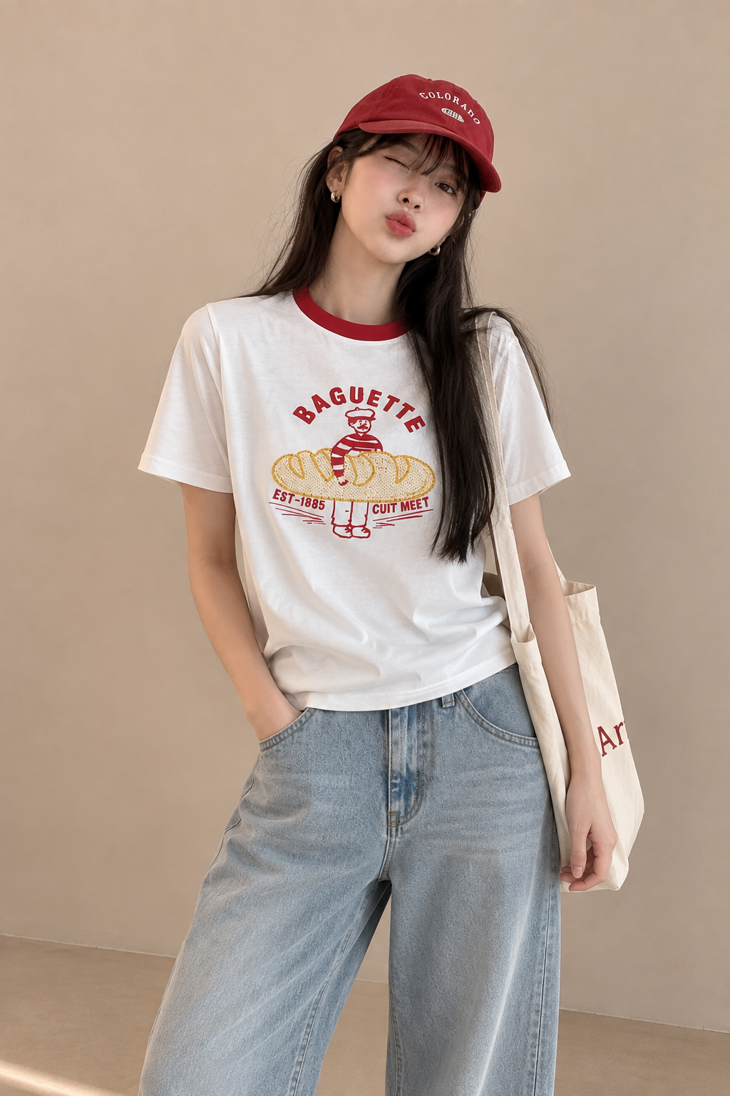 Korean-Style 3D Bread Embroidery Cotton Tee