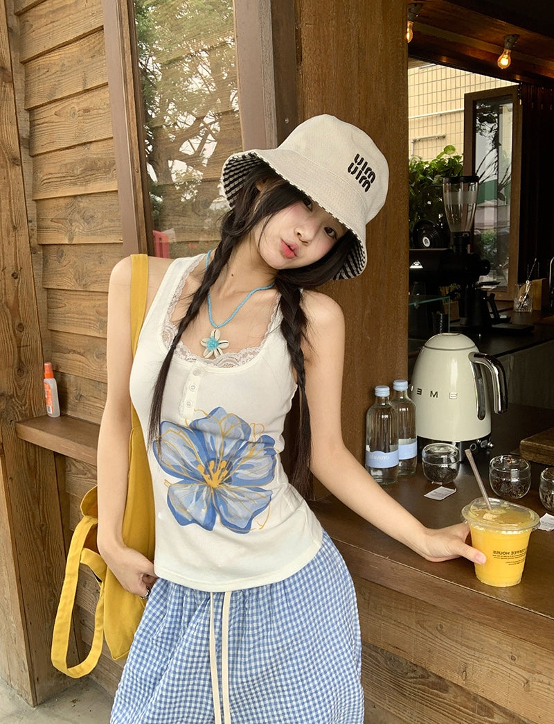 Summer Floral Lace Trim Tank Top