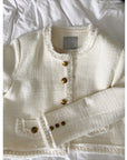 Golden Wool-Blend Tweed Short Jacket with Pearl Detailing