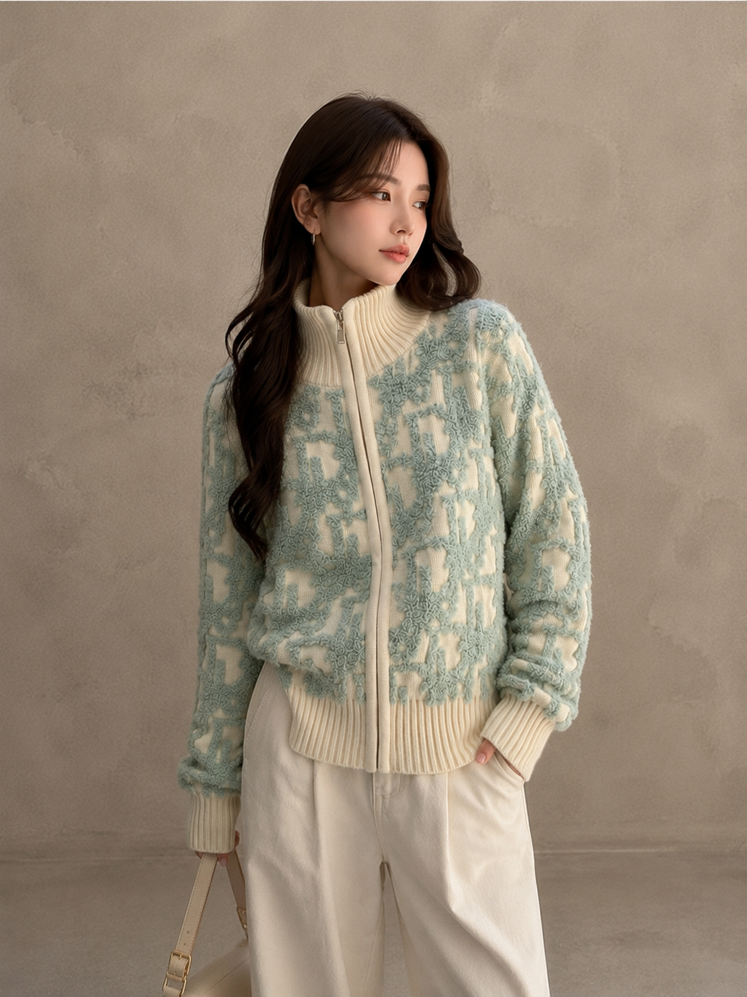 Letter Jacquard Wool Thick Jacket